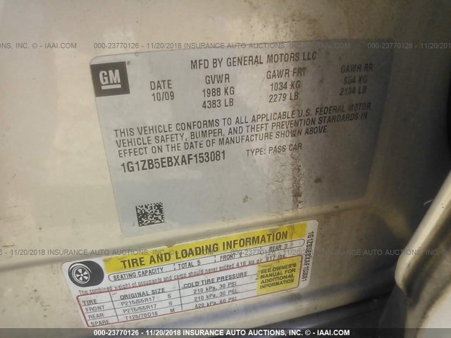 1G1ZB5EBXAF153081 - 2010 CHEVROLET MALIBU LS BEIGE photo 9