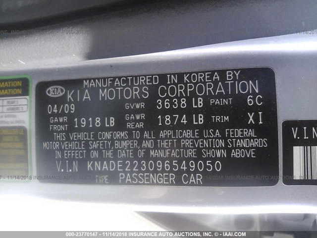 KNADE223096549050 - 2009 KIA RIO LX/SX GRAY photo 9