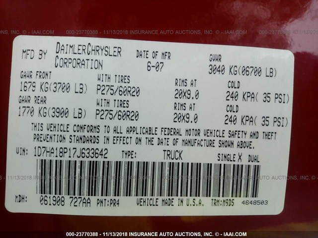 1D7HA18P17J633642 - 2007 DODGE RAM 1500 ST/SLT 红色 照片 9