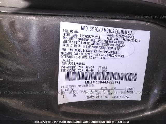 1MEFM50U44A622193 - 2004 MERCURY SABLE GS GRAY photo 9