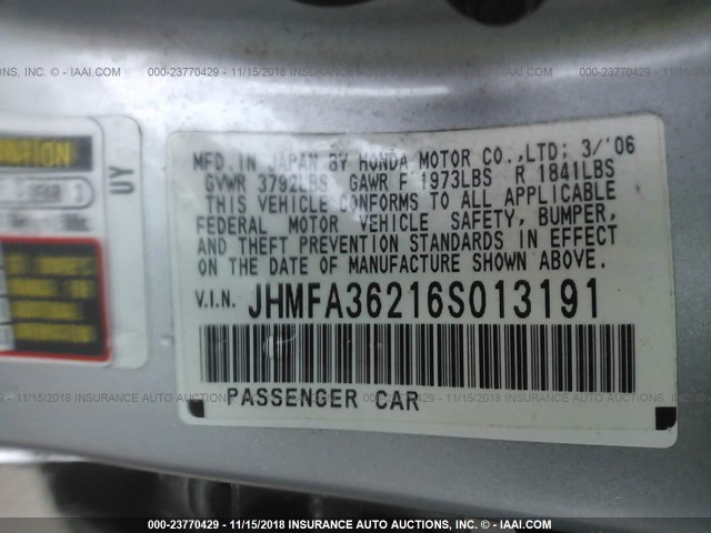 JHMFA36216S013191 - 2006 HONDA CIVIC HYBRID GRAY photo 9