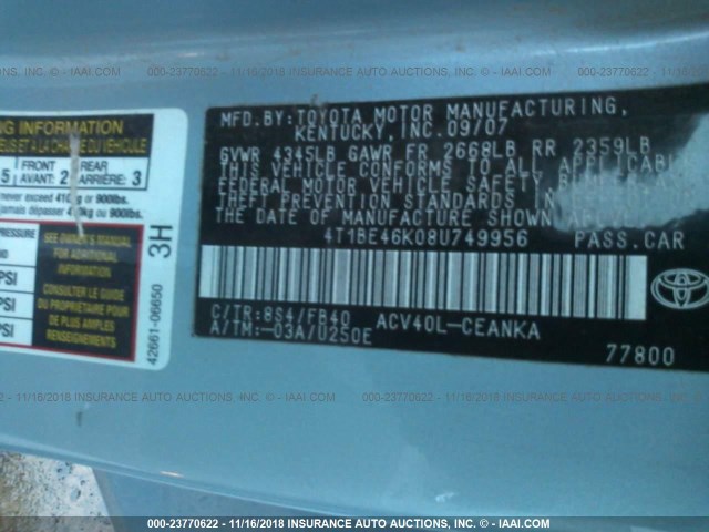 4T1BE46K08U749956 - 2008 TOYOTA CAMRY CE/LE/XLE/SE BLUE photo 9