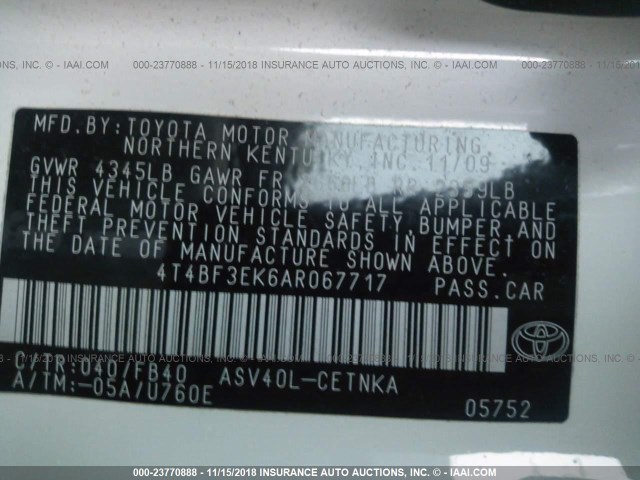 4T4BF3EK6AR067717 - 2010 TOYOTA CAMRY SE/LE/XLE WHITE photo 9