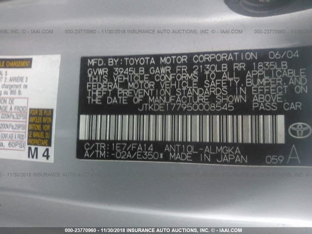 JTKDE177950008545 - 2005 TOYOTA SCION TC 银色 照片 9