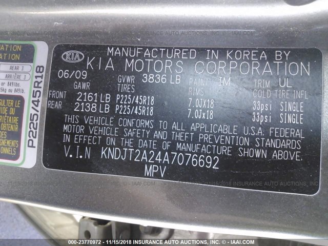 KNDJT2A24A7076692 - 2010 KIA SOUL +/!/SPORT GRAY photo 9