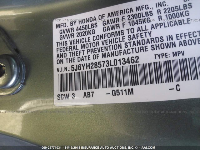 5J6YH28573L013462 - 2003 HONDA ELEMENT EX GREEN photo 9