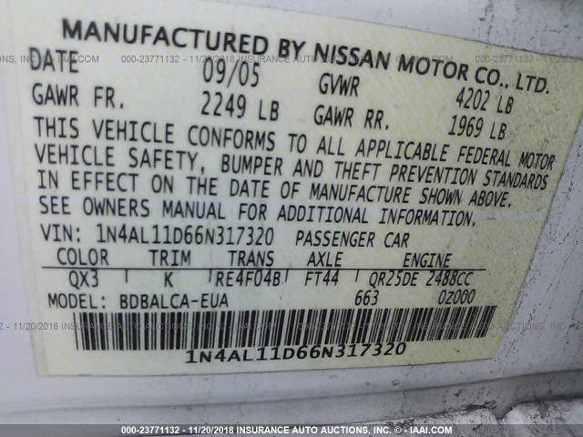 1N4AL11D66N317320 - 2006 NISSAN ALTIMA S/SL WHITE photo 9