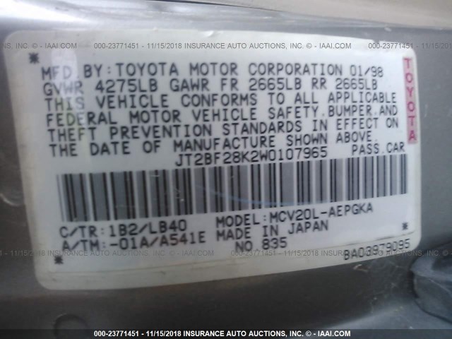 JT2BF28K2W0107965 - 1998 TOYOTA CAMRY LE/XLE TAN photo 9