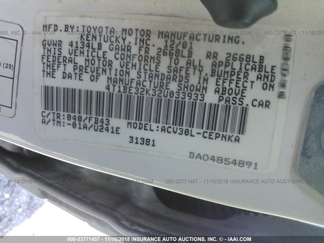 4T1BE32K32U033933 - 2002 TOYOTA CAMRY LE/XLE/SE WHITE photo 9