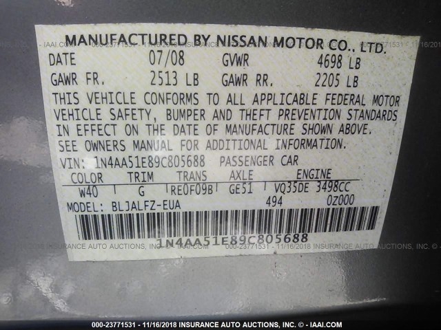 1N4AA51E89C805688 - 2009 NISSAN MAXIMA S/SV SILVER photo 9