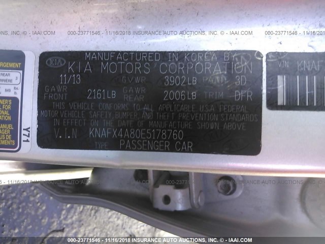 KNAFX4A80E5178760 - 2014 KIA FORTE EX SILVER photo 9