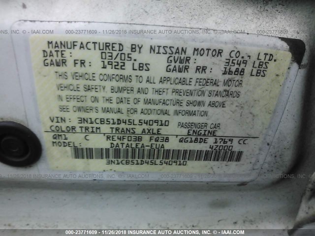 3N1CB51D45L540910 - 2005 NISSAN SENTRA 1.8/1.8S WHITE photo 9