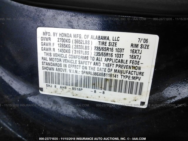 5FNRL386X6B118141 - 2006 HONDA ODYSSEY EXL BLUE photo 9