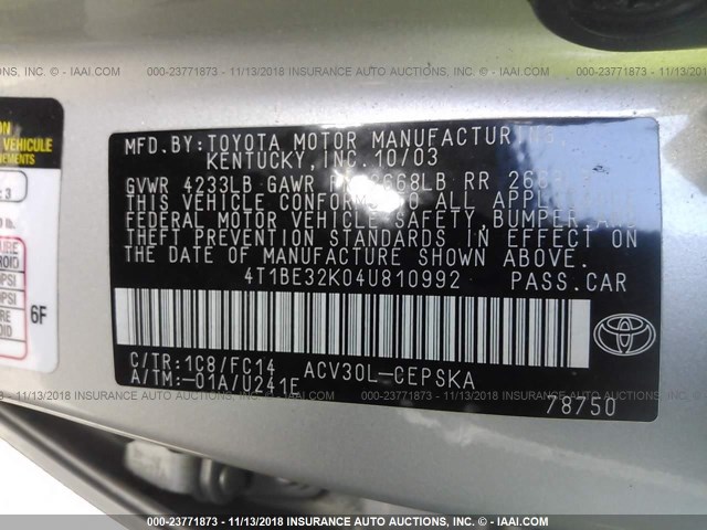 4T1BE32K04U810992 - 2004 TOYOTA CAMRY LE/XLE/SE SILVER photo 9