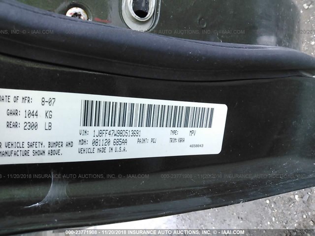 1J8FF47W98D513691 - 2008 JEEP COMPASS SPORT მწვანე ფოტო 9