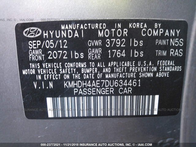 KMHDH4AE7DU634461 - 2013 HYUNDAI ELANTRA GLS/LIMITED GRAY photo 9