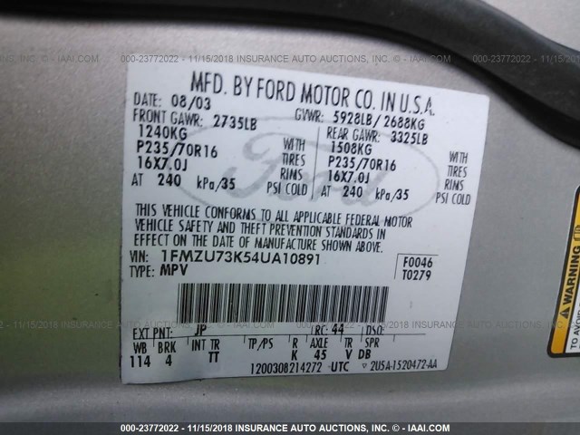 1FMZU73K54UA10891 - 2004 FORD EXPLORER XLT/XLT SPORT/NBX SILVER photo 9