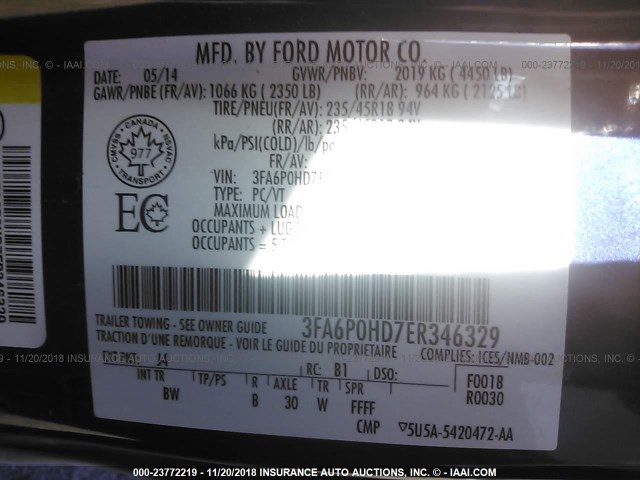 3FA6P0HD7ER346329 - 2014 FORD FUSION SE Light Blue photo 9