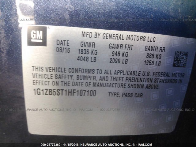 1G1ZB5ST1HF107100 - 2017 CHEVROLET MALIBU LS BLUE photo 9