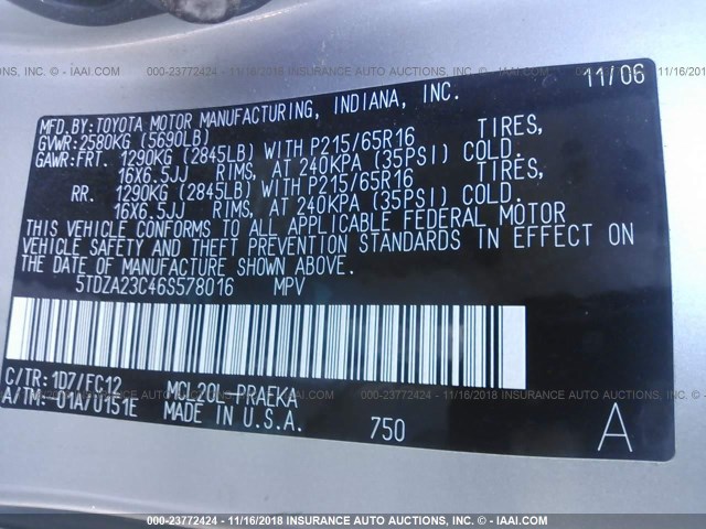 5TDZA23C46S578016 - 2006 TOYOTA SIENNA CE/LE SILVER photo 9