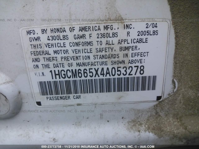 1HGCM665X4A053278 - 2004 HONDA ACCORD EX WHITE photo 9