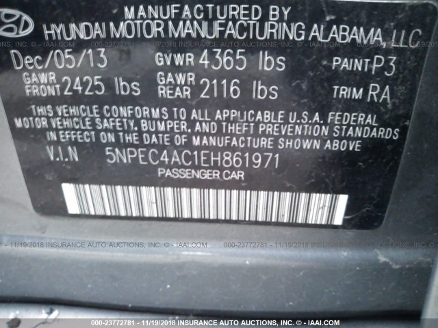 5NPEC4AC1EH861971 - 2014 HYUNDAI SONATA SE/LIMITED GRAY photo 9