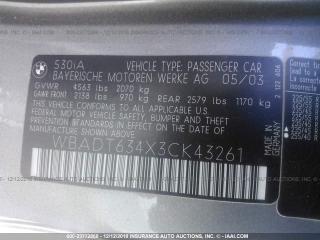 WBADT634X3CK43261 - 2003 BMW 530 I AUTOMATIC GRAY photo 9