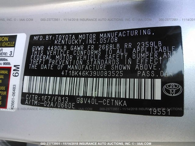 4T1BK46K39U083525 - 2009 TOYOTA CAMRY SE/LE/XLE 银色 照片 9