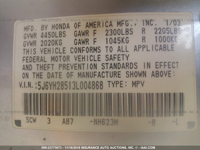 5J6YH28513L004868 - 2003 HONDA ELEMENT EX SILVER photo 9