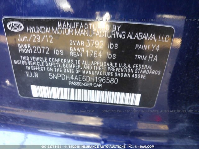 5NPDH4AE6DH196580 - 2013 HYUNDAI ELANTRA GLS/LIMITED BLUE photo 9