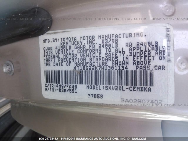 4T1BG22K7WU301134 - 1998 TOYOTA CAMRY CE/LE/XLE SILVER photo 9