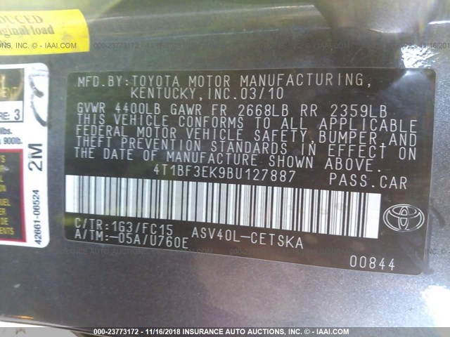 4T1BF3EK9BU127887 - 2011 TOYOTA CAMRY SE/LE/XLE GRAY photo 9