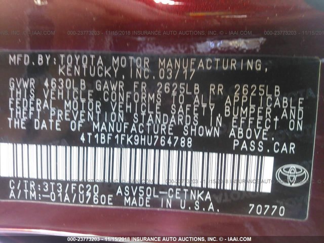 4T1BF1FK9HU764788 - 2017 TOYOTA CAMRY LE/XLE/SE/XSE RED photo 9