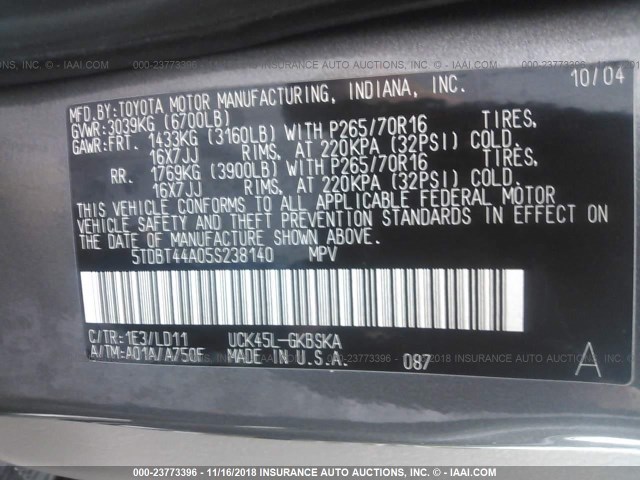 5TDBT44A05S238140 - 2005 TOYOTA SEQUOIA SR5 GRAY photo 9