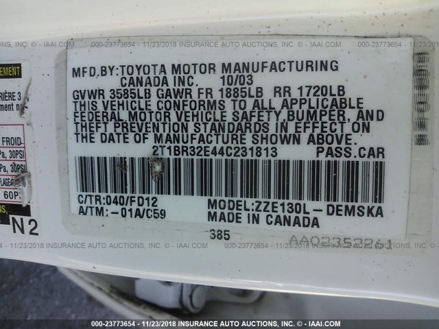 2T1BR32E44C231813 - 2004 TOYOTA COROLLA CE/LE/S WHITE photo 9