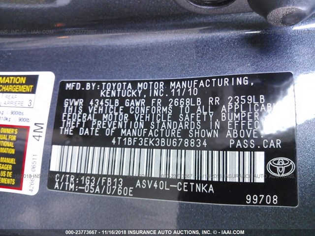 4T1BF3EK3BU678834 - 2011 TOYOTA CAMRY SE/LE/XLE GRAY photo 9