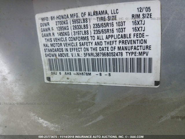 5FNRL38796B052478 - 2006 HONDA ODYSSEY EXL SILVER photo 9