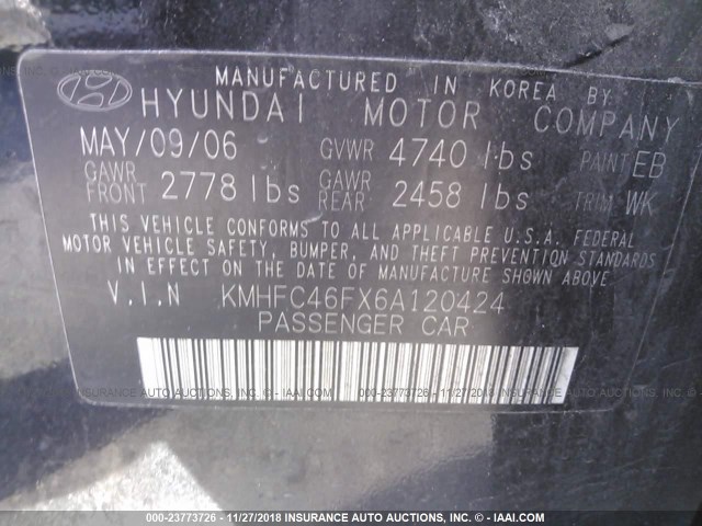 KMHFC46FX6A120424 - 2006 HYUNDAI AZERA SE/LIMITED BLACK photo 9