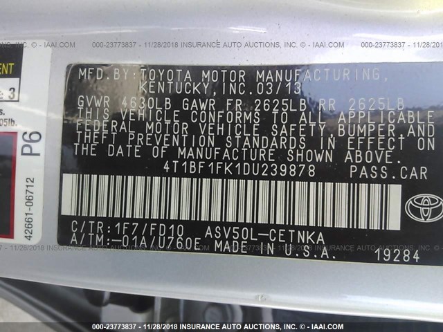 4T1BF1FK1DU239878 - 2013 TOYOTA CAMRY L/SE/LE/XLE Gümüş foto 9