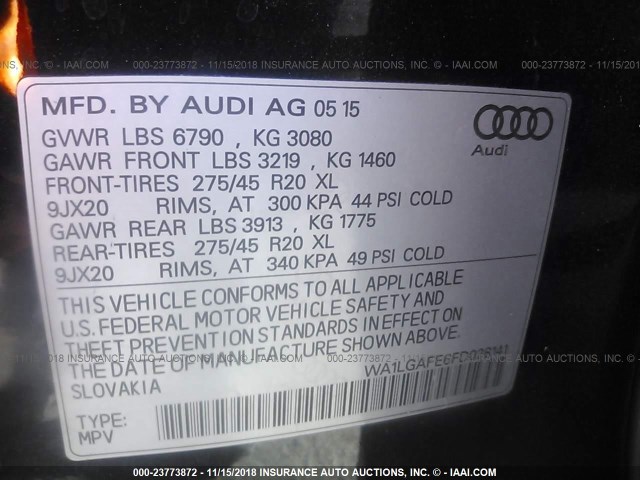 WA1LGAFE6FD028141 - 2015 AUDI Q7 PREMIUM PLUS BLACK photo 9