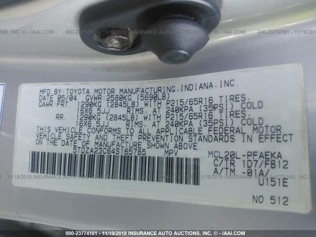 5TDZA23C64S165785 - 2004 TOYOTA SIENNA CE/LE SILVER photo 9