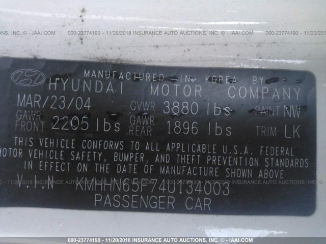 KMHHN65F74U134003 - 2004 HYUNDAI TIBURON GT WHITE photo 9