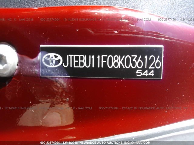 JTEBU11F08K036126 - 2008 TOYOTA FJ CRUISER MAROON photo 9