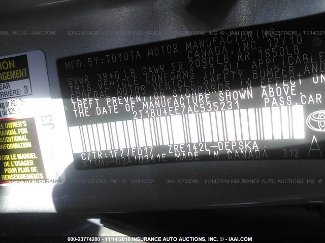 2T1BU4EE7AC535231 - 2010 TOYOTA COROLLA S/LE/XLE SILVER photo 9