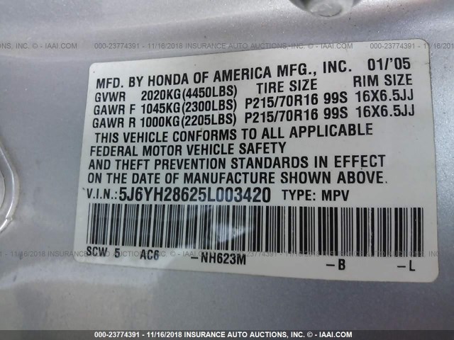 5J6YH28625L003420 - 2005 HONDA ELEMENT EX SILVER photo 9