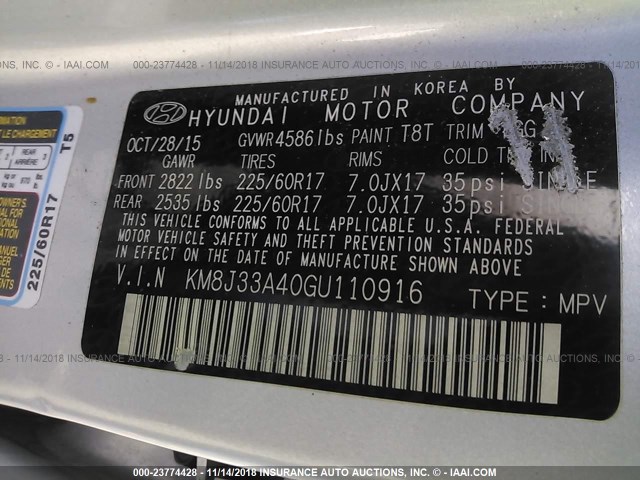 KM8J33A40GU110916 - 2016 HYUNDAI TUCSON LIMITED/SPORT AND ECO/SE SILVER photo 9