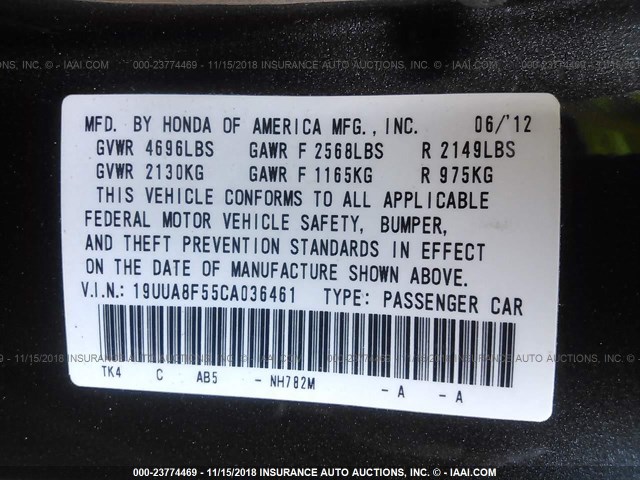 19UUA8F55CA036461 - 2012 ACURA TL GRAY photo 9