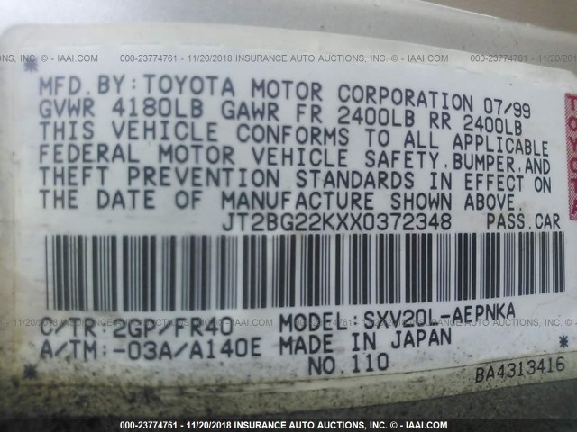 JT2BG22KXX0372348 - 1999 TOYOTA CAMRY LE/XLE 金色 照片 9