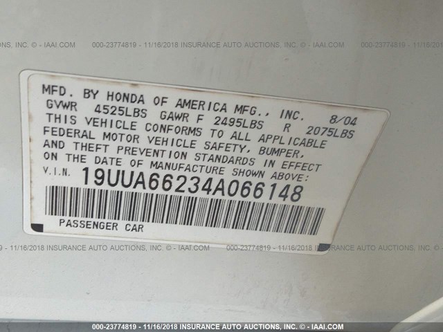 19UUA66234A066148 - 2004 ACURA TL WHITE photo 9