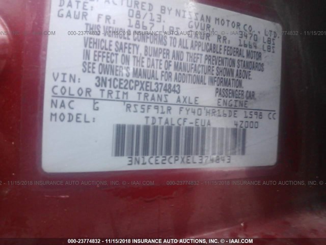 3N1CE2CPXEL374843 - 2014 NISSAN VERSA NOTE S/S PLUS/SV/SL RED photo 9